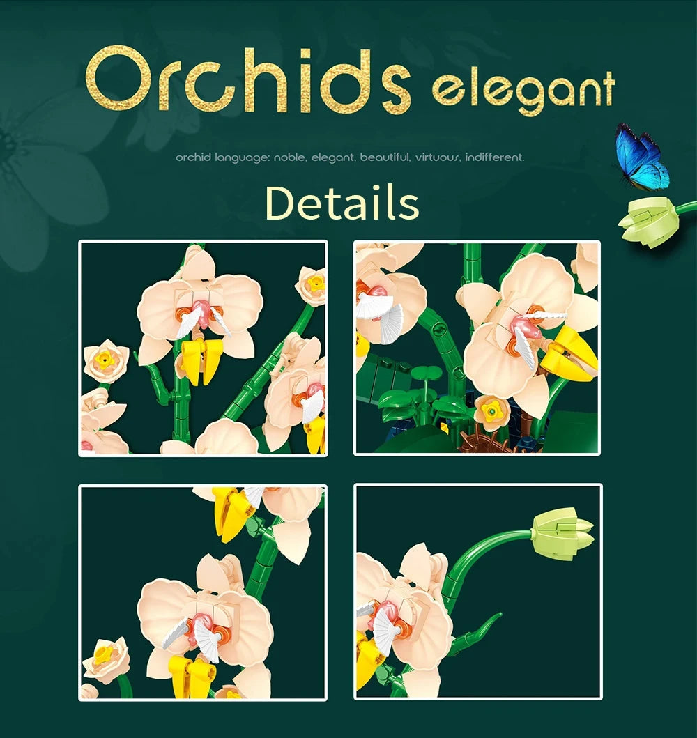 616PCS Orchid Building Blocks Flowers Bouquet Flower Blocks Bonsai Plant Model Bricks Romantic Home Decoration Toy For Kids Gift ALPENZO