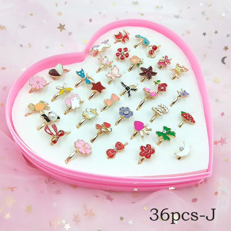 12/36 Pcs Adjustable Alloy Baby Girl Rings with Heart Shaped Box Cartoon Mix Finger Jewellery Rings Kid Girls Toys Random Color ALPENZO