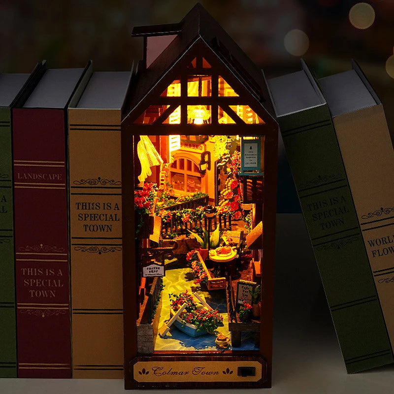 DIY Book Nook Kit Bookend Kit Wooden Doll House Bookshelf Insert Decor With Warm Light 3D Puzzle Assembly Building Model Gifts ALPENZO