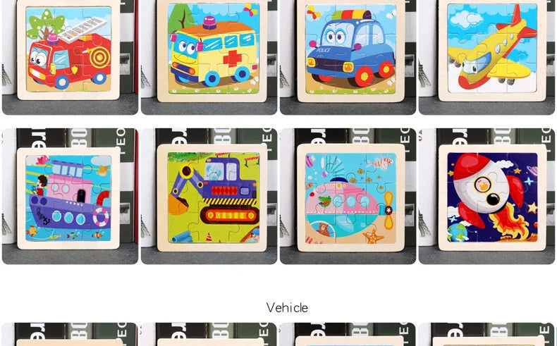 Hot Sale 11X11CM Kids Wooden Puzzle Baby Cartoon Animal Traffic Tangram Wood Puzzle Educational Jigsaw Toys For Children Gifts ALPENZO