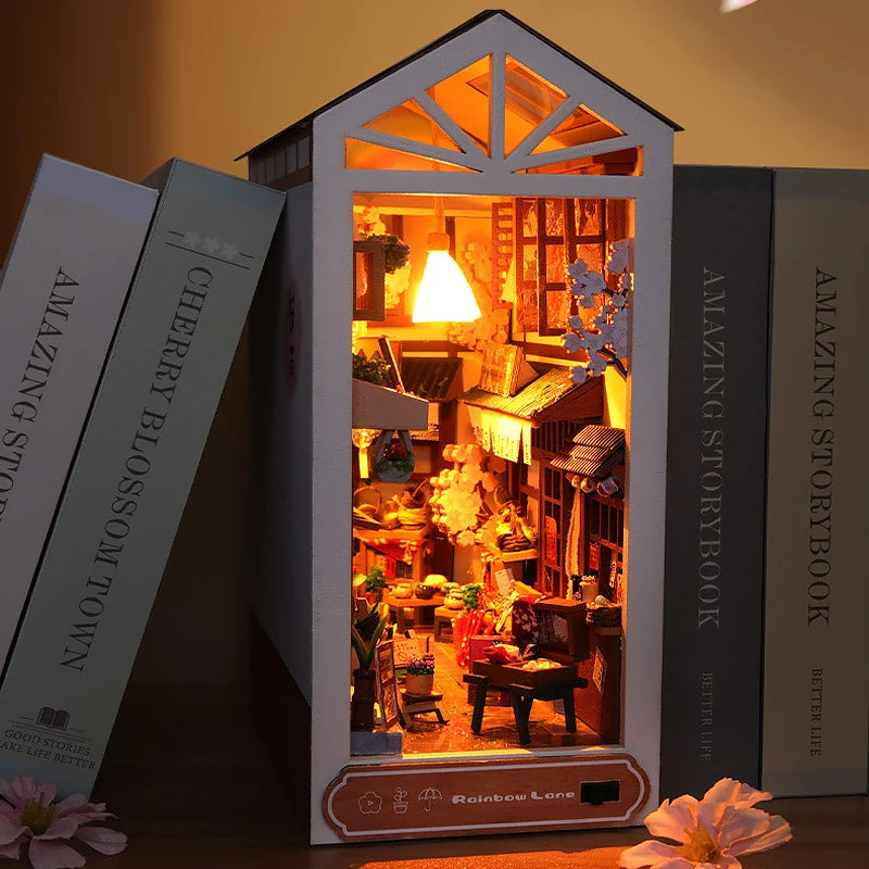 DIY Book Nook Kit Bookend Kit Wooden Doll House Bookshelf Insert Decor With Warm Light 3D Puzzle Assembly Building Model Gifts ALPENZO