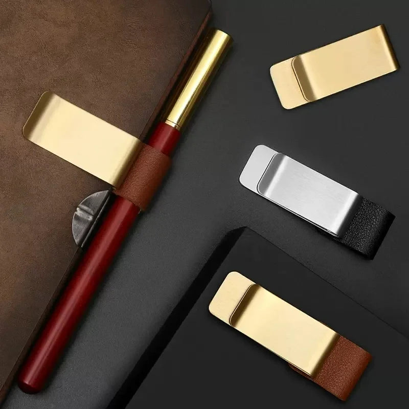 Vintage Brass Notebook Metal Pen Clips PU Leather Pen Holder Loose Leaf Dairy Memo Clip Bookmarks Journal Planner Pencil Holder ALPENZO