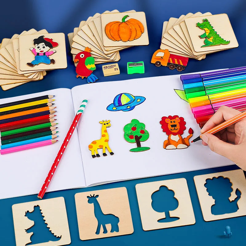 20pcs Montessori Kids Drawing Toys Wooden DIY Painting Stencils Set Craft Toy Coloring Puzzle Educational Toys For Children Gift ALPENZO