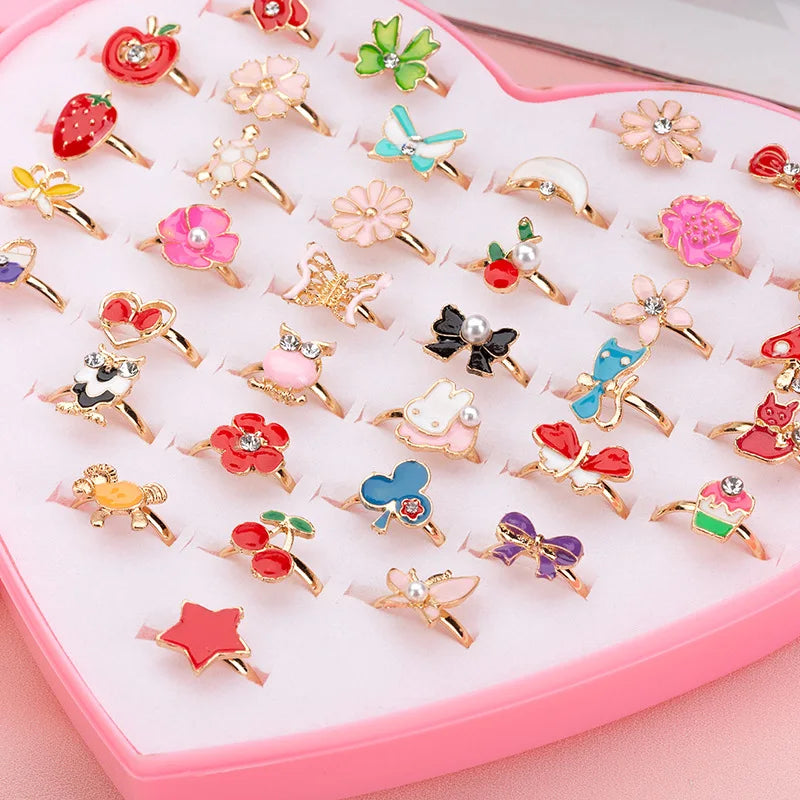 12/36 Pcs Adjustable Alloy Baby Girl Rings with Heart Shaped Box Cartoon Mix Finger Jewellery Rings Kid Girls Toys Random Color ALPENZO