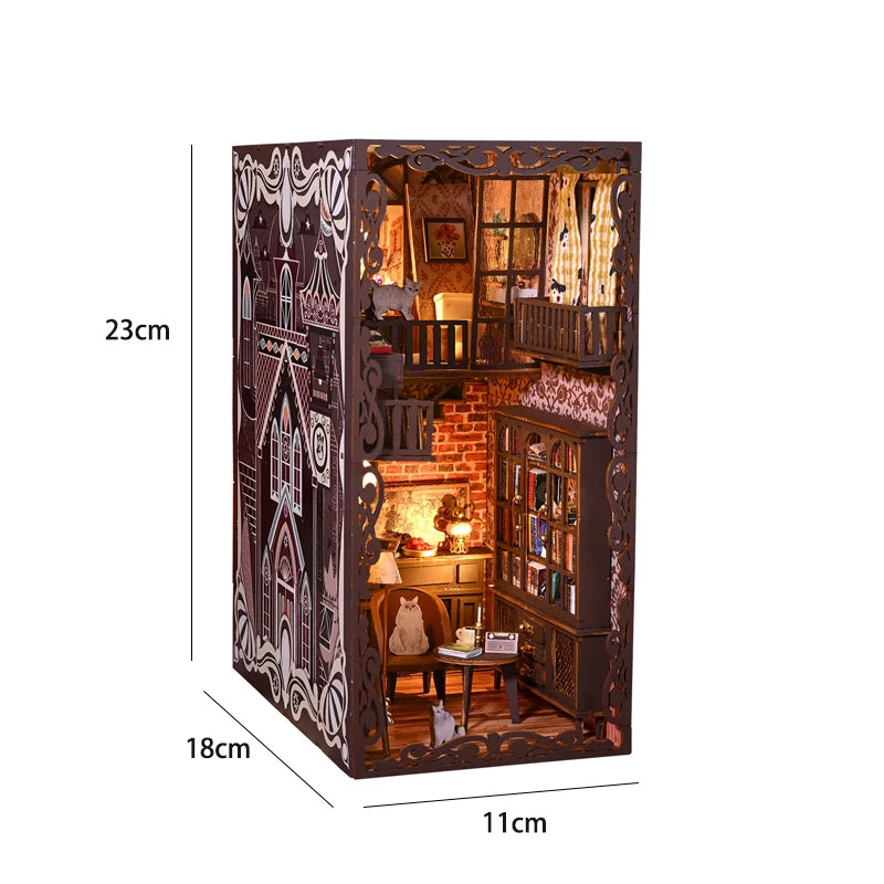 DIY Book Nook Kit Bookend Kit Wooden Doll House Bookshelf Insert Decor With Warm Light 3D Puzzle Assembly Building Model Gifts ALPENZO