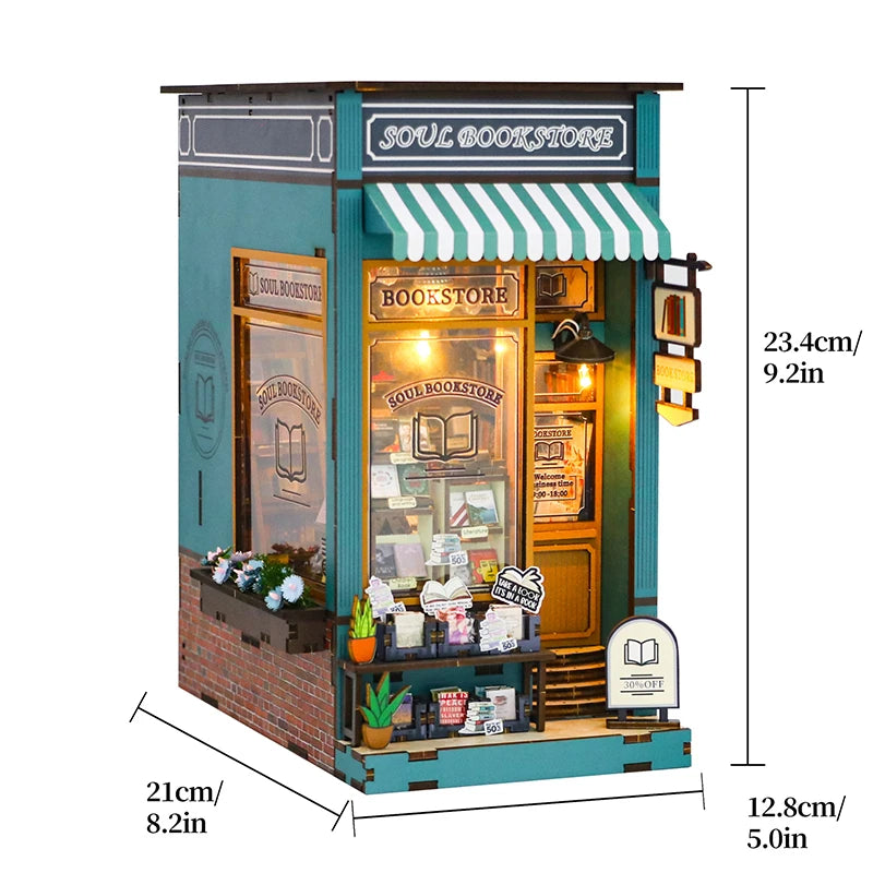 DIY Book Nook Kit Bookend Kit Wooden Doll House Bookshelf Insert Decor With Warm Light 3D Puzzle Assembly Building Model Gifts ALPENZO