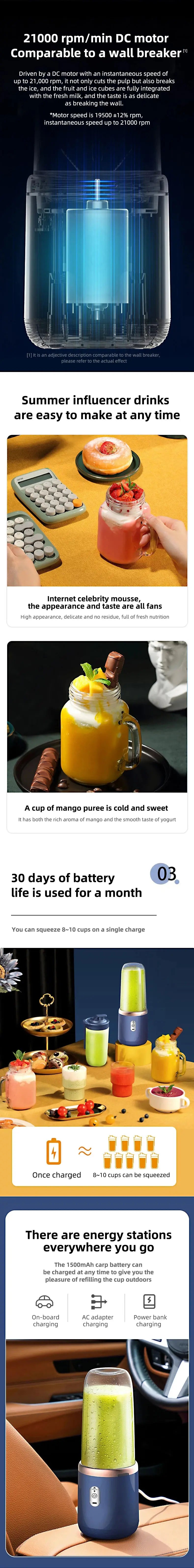 Portable Juicer Blender 400ml Electric Fruit Juicer USB Charging Lemon Orange Fruit Juicing Cup Smoothie Blender Machine 2cups - ALPENZO