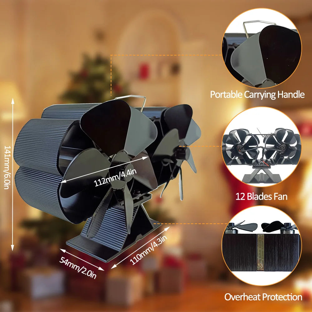 Wood Stove Fan Heat Powered Dual Silent Motors 6 Blades Non-Electric Heat Activated Fireplace Fan with Bracket and Magnetic Ther - ALPENZO