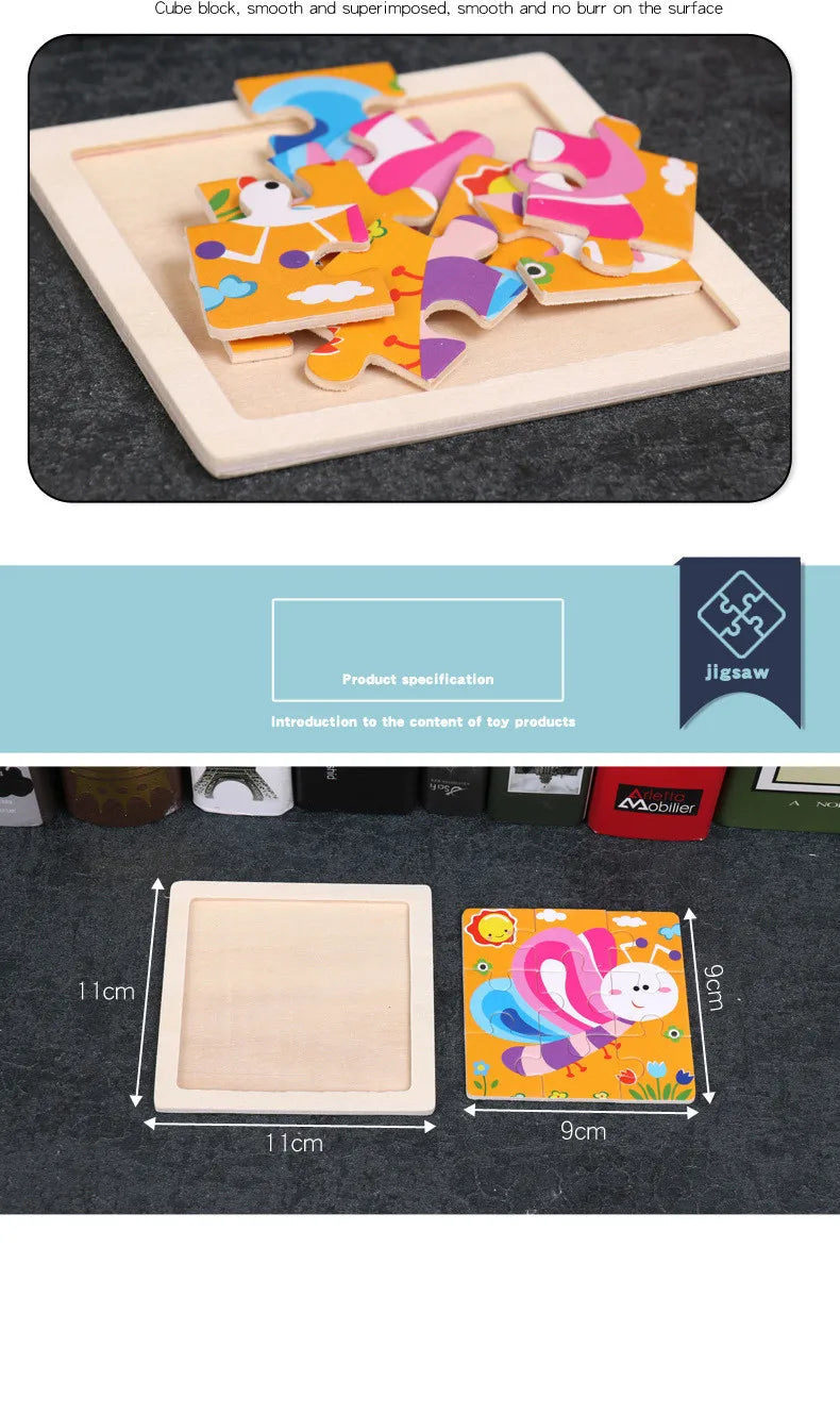Hot Sale 11X11CM Kids Wooden Puzzle Baby Cartoon Animal Traffic Tangram Wood Puzzle Educational Jigsaw Toys For Children Gifts ALPENZO