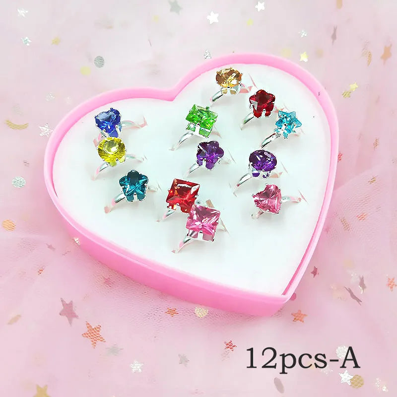 12/36 Pcs Adjustable Alloy Baby Girl Rings with Heart Shaped Box Cartoon Mix Finger Jewellery Rings Kid Girls Toys Random Color ALPENZO