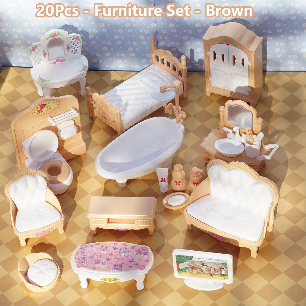 24Pcs Style Brown Miniature DollhouseFurniture Accessory Kids Toy Cute Kawaii Pink Kitchen Cooking Things For Girl Gifts ALPENZO