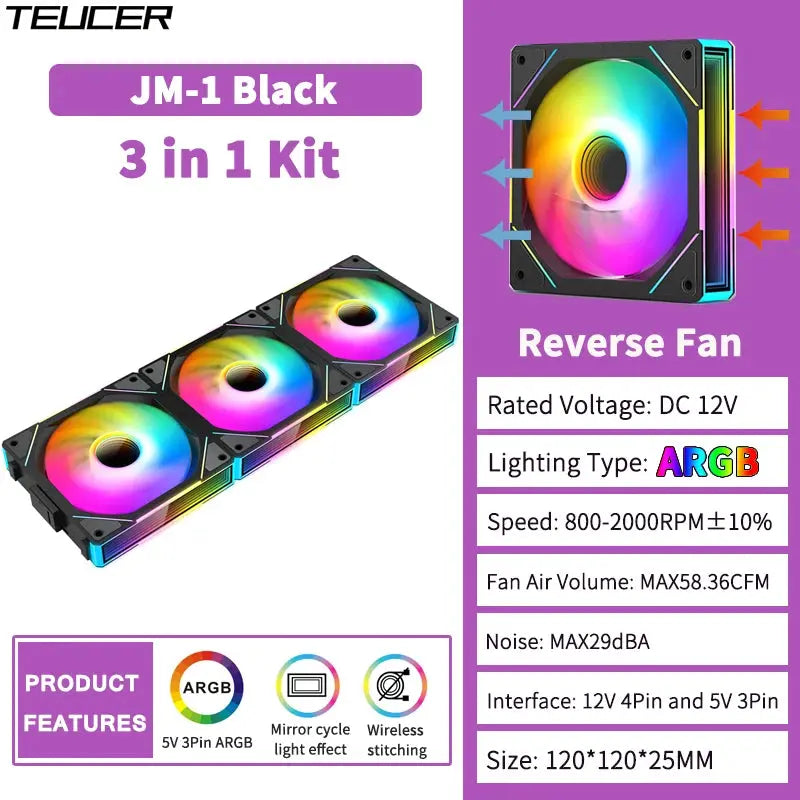 TEUCER JM-1 Computer Case Fan ARGB Mirror Cycle Light Effect 120mm 4Pin PWM PC Cooling Fan Low Noise Water Cooling Ventilador - ALPENZO