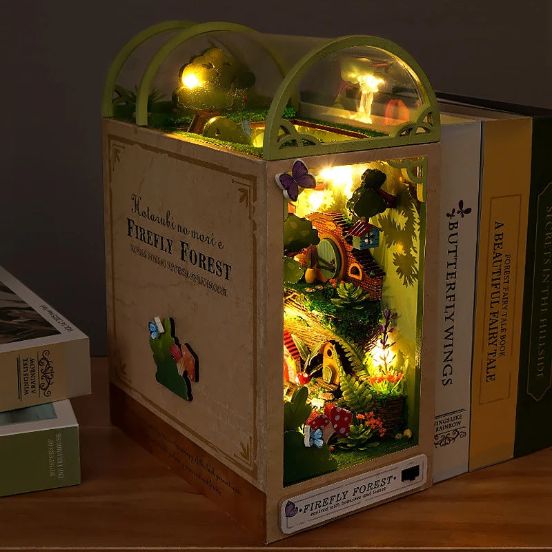DIY Book Nook Kit Bookend Kit Wooden Doll House Bookshelf Insert Decor With Warm Light 3D Puzzle Assembly Building Model Gifts ALPENZO