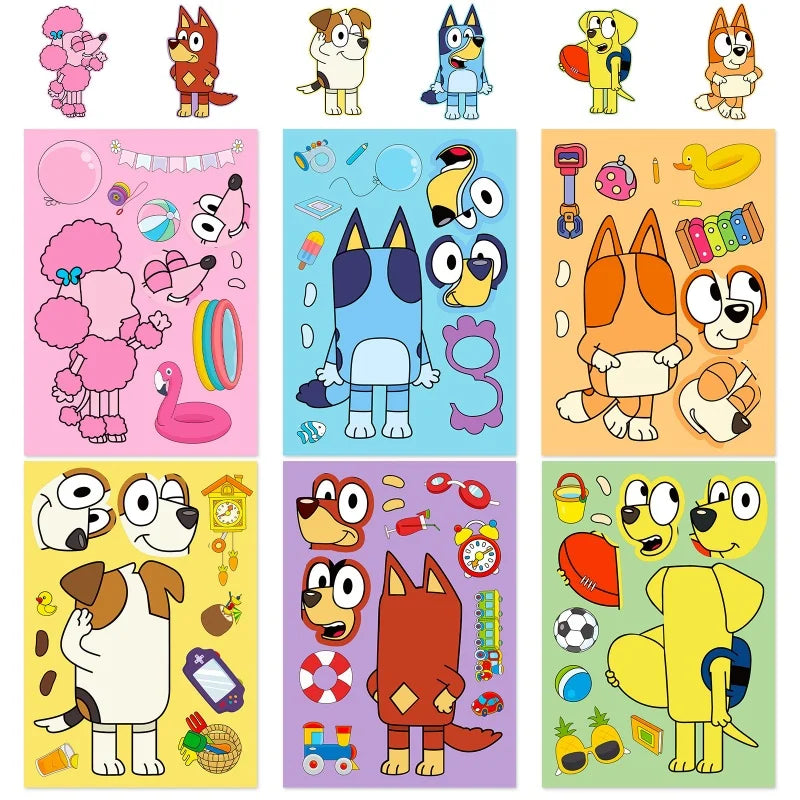 6/12/18Pcs Bluey Anime Cartoon Dog Puzzle Stickers Cute Children DIY Color Puzzle Education Stickers Kids Funny Toys Gift ALPENZO