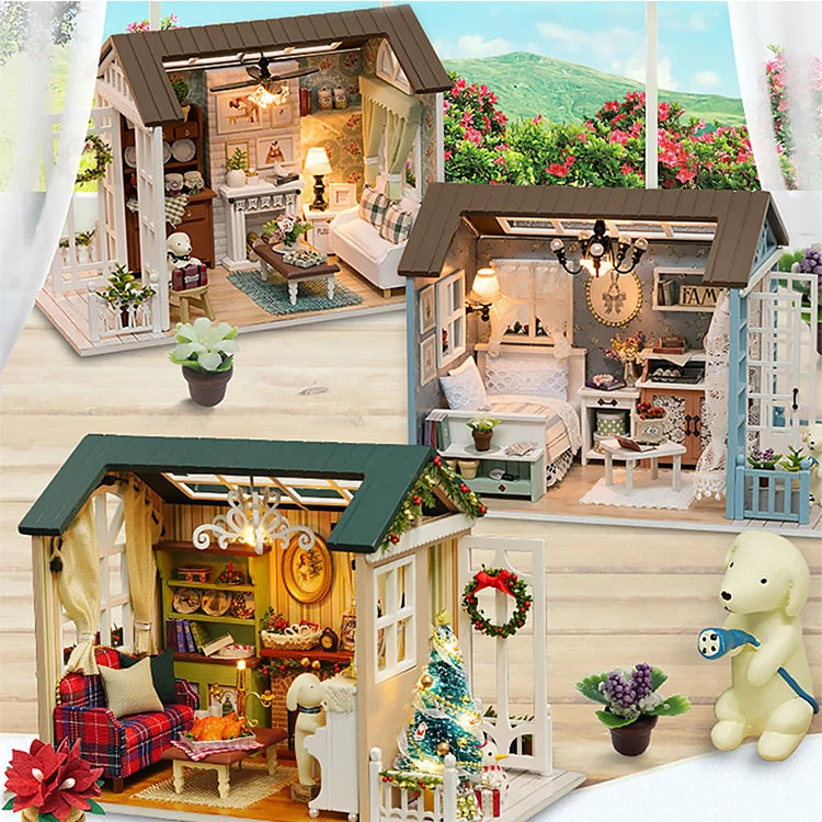Kitten Mini Wooden Doll House Model Building Kits Toy Home Kit Creative Room Bedroom Decoration with Furniture For Birthday Gift ALPENZO