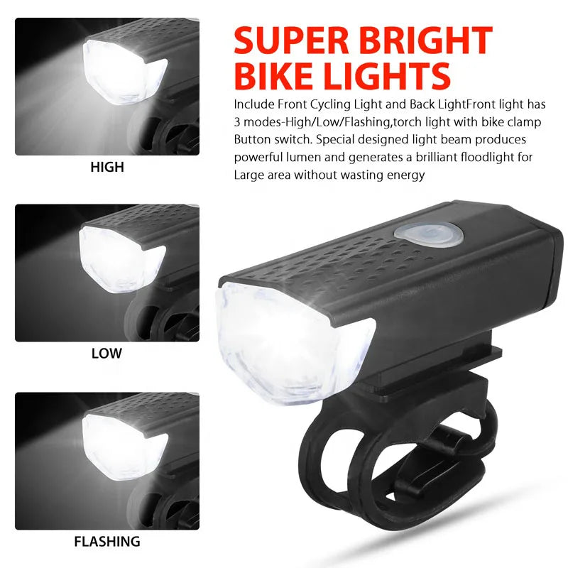 USB Rechargeable Bike Lights Set Bicycle Front Light Rear Lamp Easy to Install 3 Modes Headlight Taillight Cycling Accessories