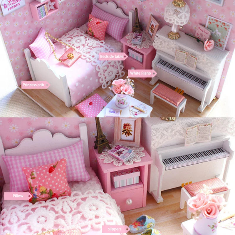 Kitten Mini Wooden Doll House Model Building Kits Toy Home Kit Creative Room Bedroom Decoration with Furniture For Birthday Gift ALPENZO
