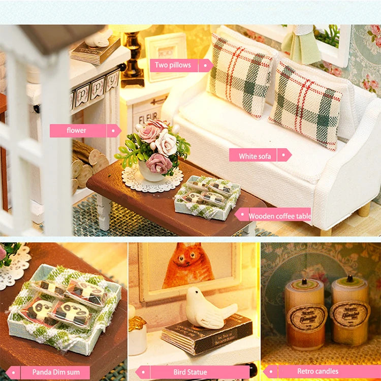 Kitten Mini Wooden Doll House Model Building Kits Toy Home Kit Creative Room Bedroom Decoration with Furniture For Birthday Gift ALPENZO