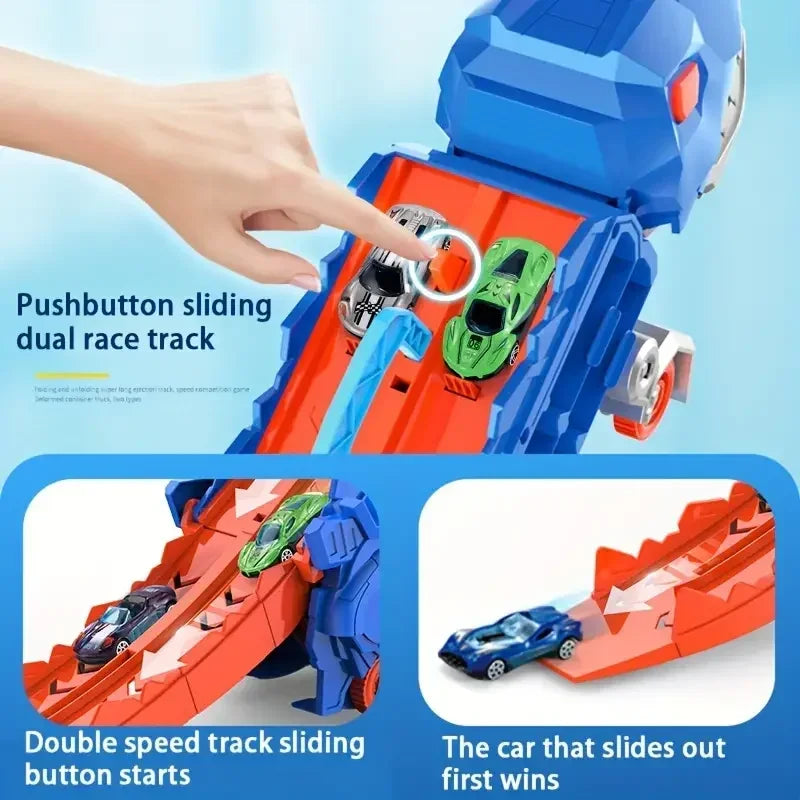 Transport Dinosaur Truck with Foldable Sliding Race Track Transforms into Standing T-rex Best Birthday Gifts Toys Boys Girls ALPENZO