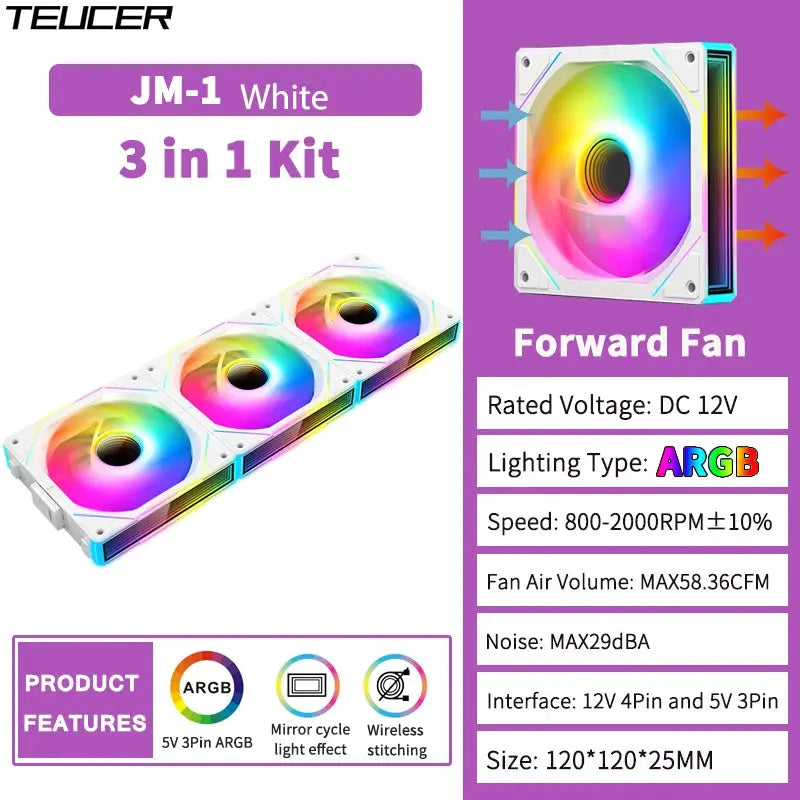 TEUCER JM-1 Computer Case Fan ARGB Mirror Cycle Light Effect 120mm 4Pin PWM PC Cooling Fan Low Noise Water Cooling Ventilador - ALPENZO