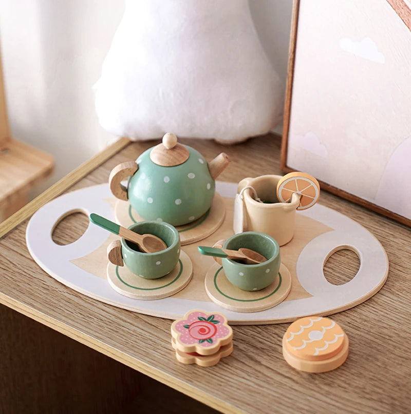 Wooden Afternoon Tea Set Toy Pretend Play Food Learning Role Play Game Early Educational Toys for Toddlers Girls Boys Kids Gifts ALPENZO