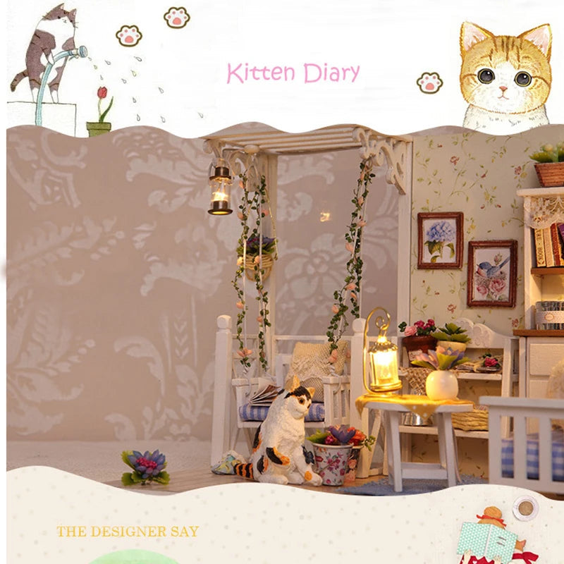 Kitten Mini Wooden Doll House Model Building Kits Toy Home Kit Creative Room Bedroom Decoration with Furniture For Birthday Gift ALPENZO