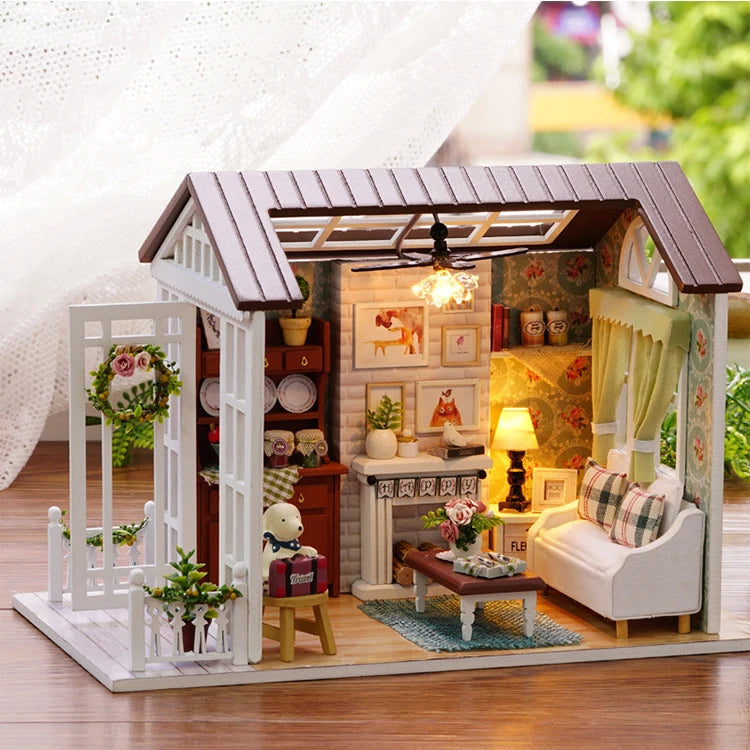 Kitten Mini Wooden Doll House Model Building Kits Toy Home Kit Creative Room Bedroom Decoration with Furniture For Birthday Gift ALPENZO