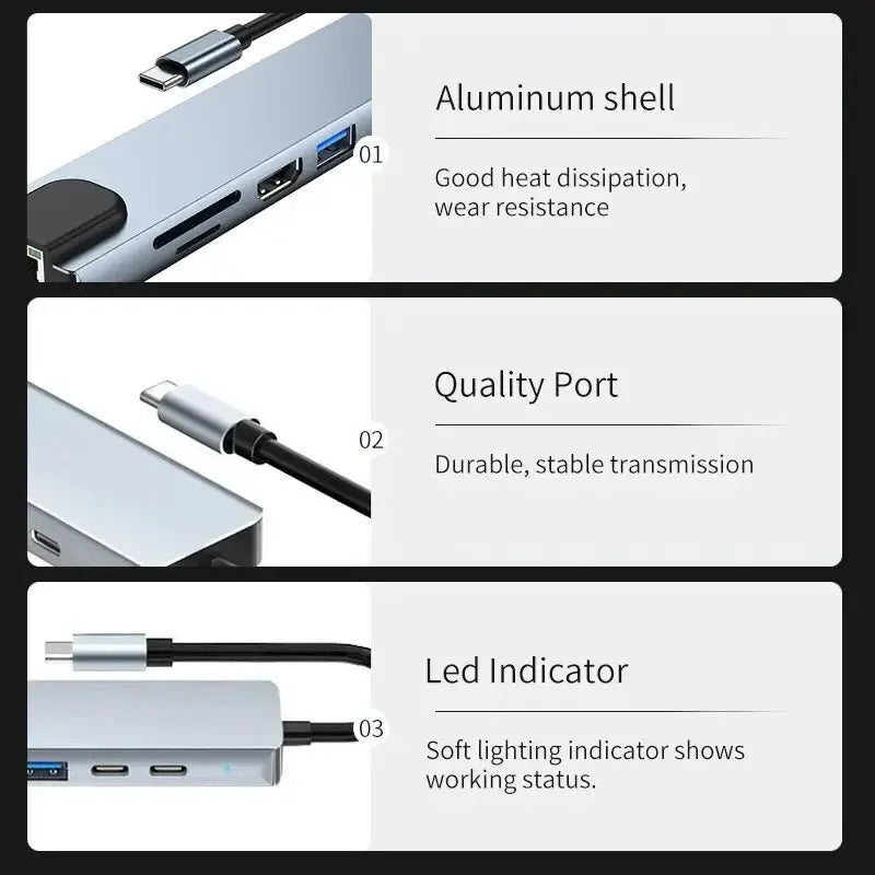 Usb 8 In 1 Type C 3 1 To 4k HdTV Hub Adapter With Sd Tf Rj45 Card Reader Pd Fast Charge For Macbook Notebook Computer - ALPENZO