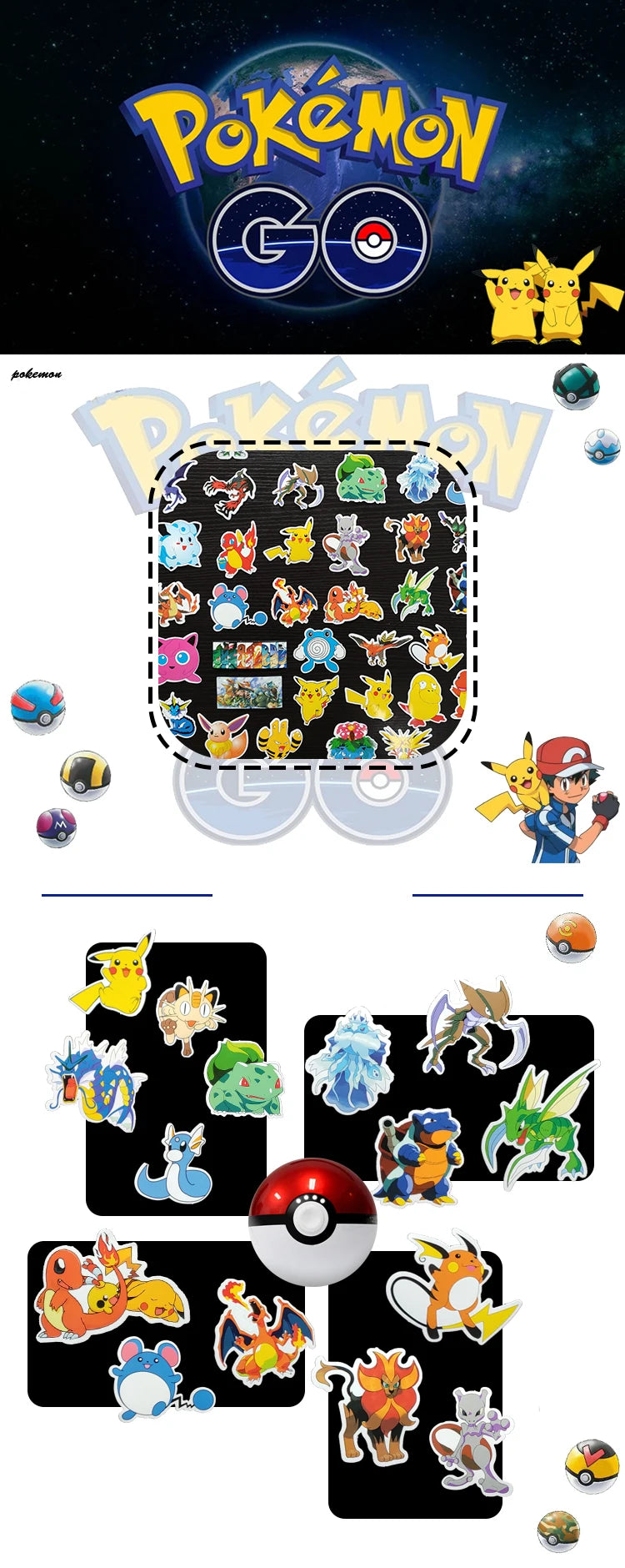 50/100Pcs Kawaii Pikachu Pokemon Stickers Motorcycle Phone Car Skateboard Laptop Decal Sticker Waterproof Classic Kid Toy ALPENZO