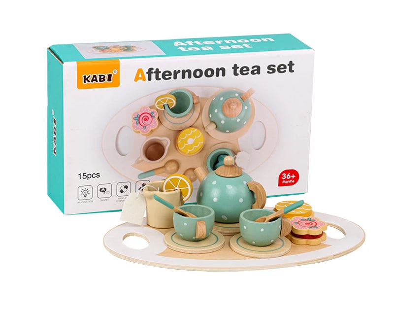 Wooden Afternoon Tea Set Toy Pretend Play Food Learning Role Play Game Early Educational Toys for Toddlers Girls Boys Kids Gifts ALPENZO