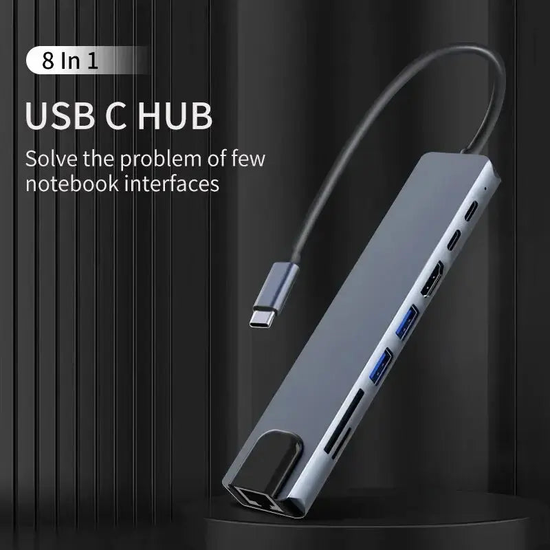 Usb 8 In 1 Type C 3 1 To 4k HdTV Hub Adapter With Sd Tf Rj45 Card Reader Pd Fast Charge For Macbook Notebook Computer - ALPENZO