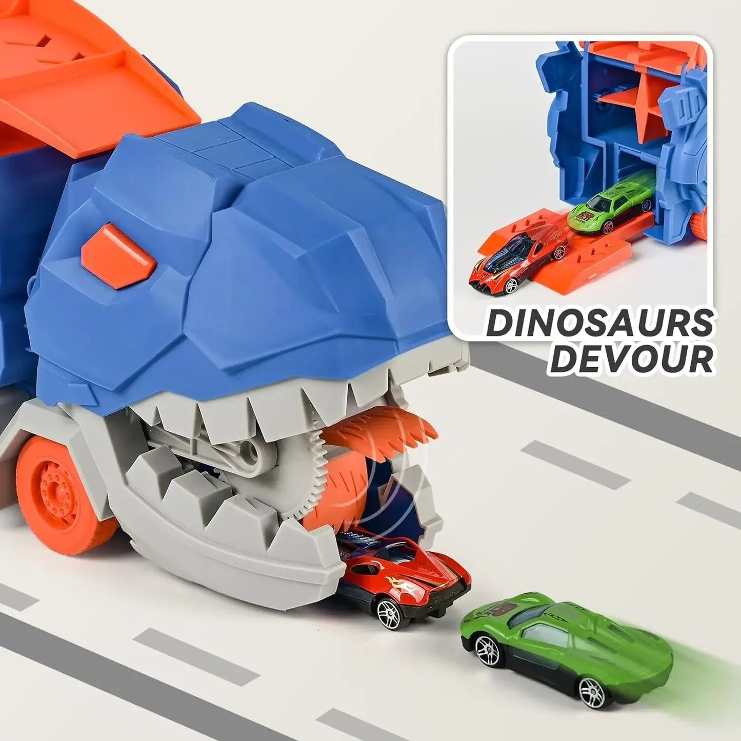 Transport Dinosaur Truck with Foldable Sliding Race Track Transforms into Standing T-rex Best Birthday Gifts Toys Boys Girls ALPENZO