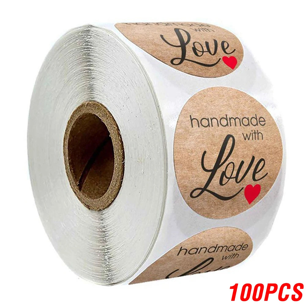 100-500pcs 1inch Vintage Kraft Paper Handmade With Love Stickers for Package Thank You Stationery Adhesive Labels Baking Seals ALPENZO
