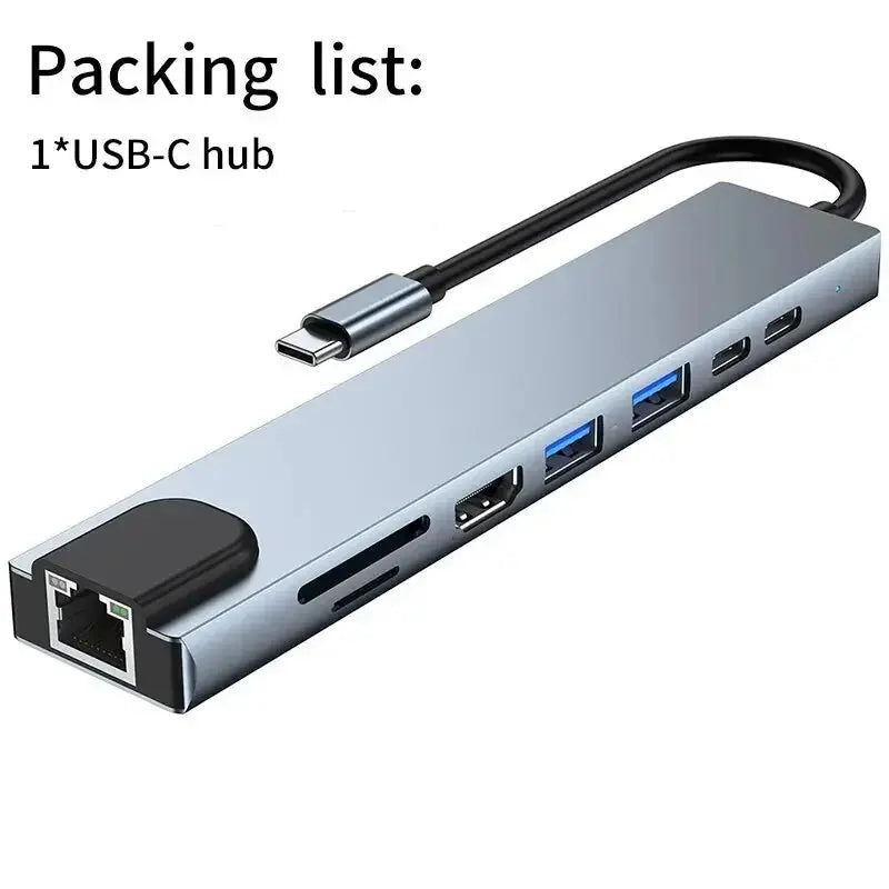 Usb 8 In 1 Type C 3 1 To 4k HdTV Hub Adapter With Sd Tf Rj45 Card Reader Pd Fast Charge For Macbook Notebook Computer - ALPENZO