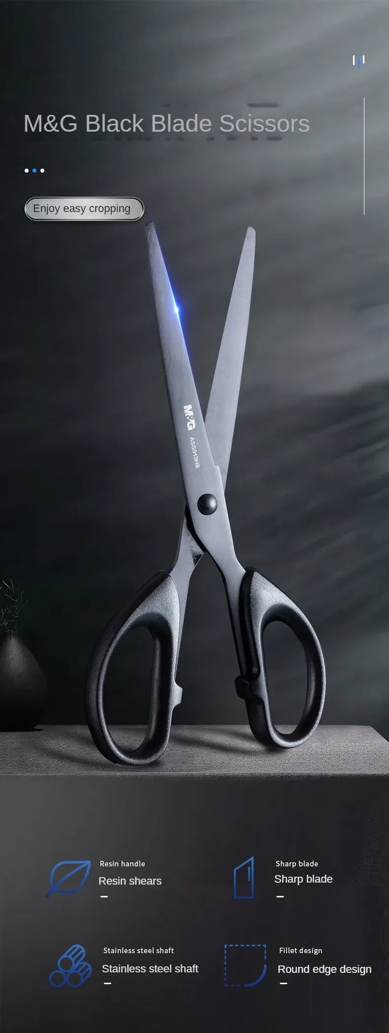 M&G 160mm Black Blade Scissors Wear-resistant Stainless Steel Blade Not Easy to Glue Household Manual Life Durable Scissors ALPENZO