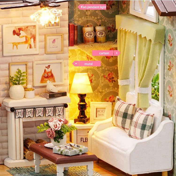 Kitten Mini Wooden Doll House Model Building Kits Toy Home Kit Creative Room Bedroom Decoration with Furniture For Birthday Gift ALPENZO