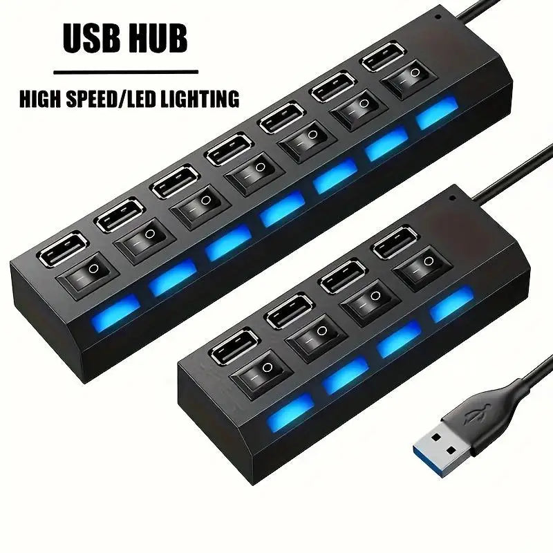 USB 2.0 Hub Multi Port USB Splitter High Speed Hub Use Power Adapter 4/7 Ports Multiple Expander Led Switch Lamp Hub For Laptop - ALPENZO