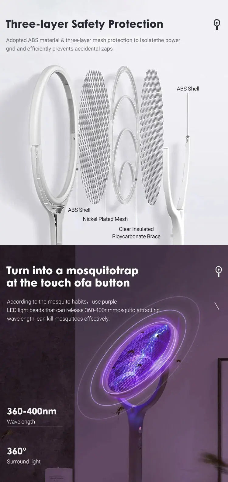 5 In 1 Fast Charging Racket Kill Fly Bug Safety Insulated Battery Powered Lamp ABS Adjustable Electric Mosquito Swatter - ALPENZO
