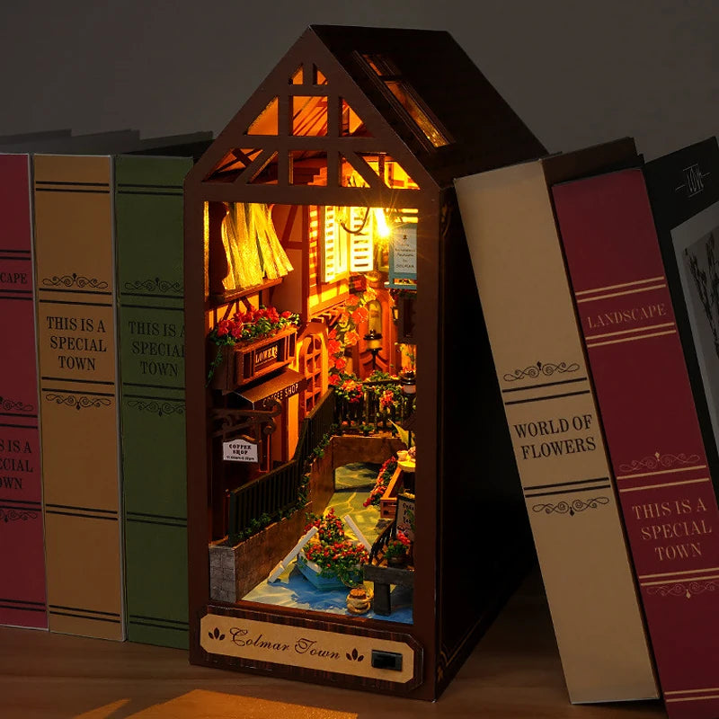 DIY Book Nook Kit Bookend Kit Wooden Doll House Bookshelf Insert Decor With Warm Light 3D Puzzle Assembly Building Model Gifts ALPENZO