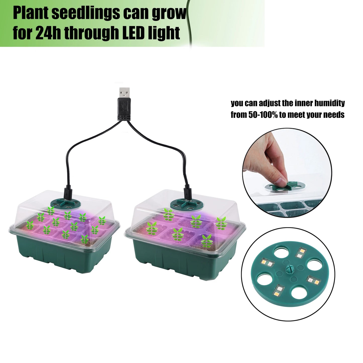 Seed Starter Tray Box With LED Grow Light Nursery Pot Seedling Germination Planter Adjustable Ventilation Humidity 6/12/13 Cell - ALPENZO