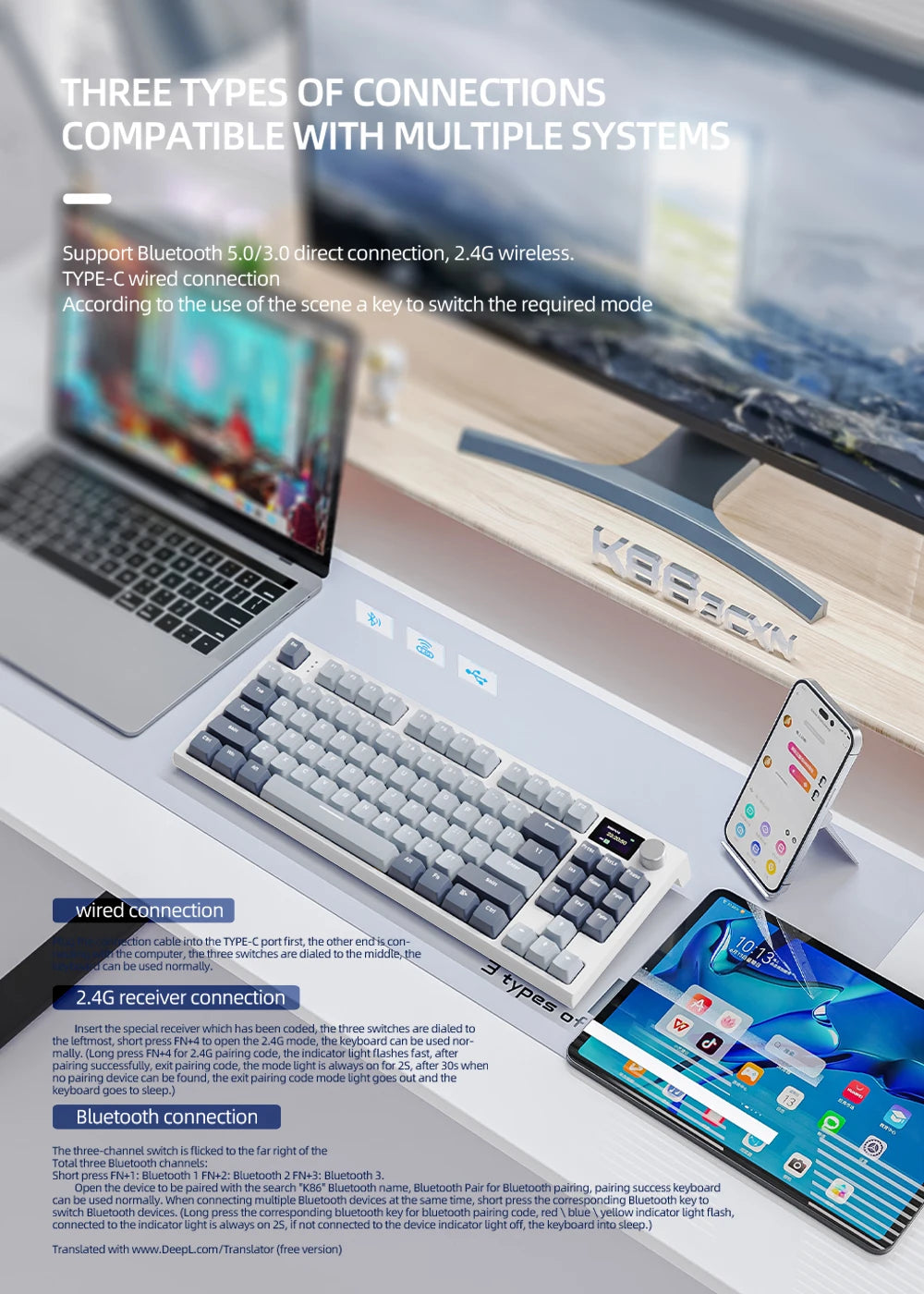 K86 Wireless Hot-Swappable Mechanical Keyboard Bluetooth/2.4g With Display Screen and Volume Rotary Button for Games and Work - ALPENZO