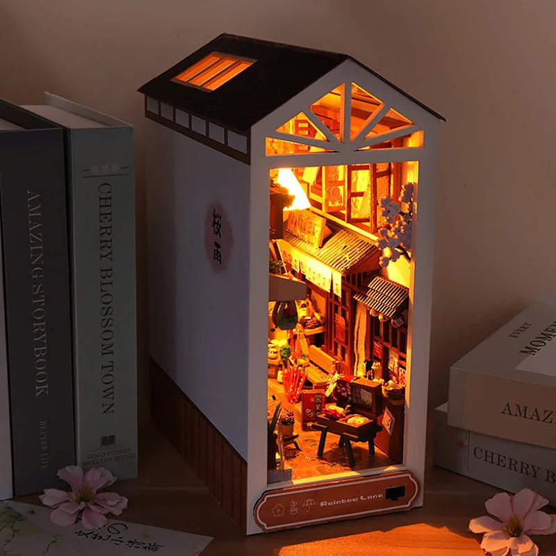 DIY Book Nook Kit Bookend Kit Wooden Doll House Bookshelf Insert Decor With Warm Light 3D Puzzle Assembly Building Model Gifts ALPENZO
