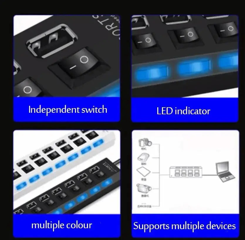 High Speed Usb Hub 2.0 Adapter Expander Multi Usb Splitter Multiple Extender Led Switch Lamp For Pc Laptop 4 Ports 7 Ports - ALPENZO