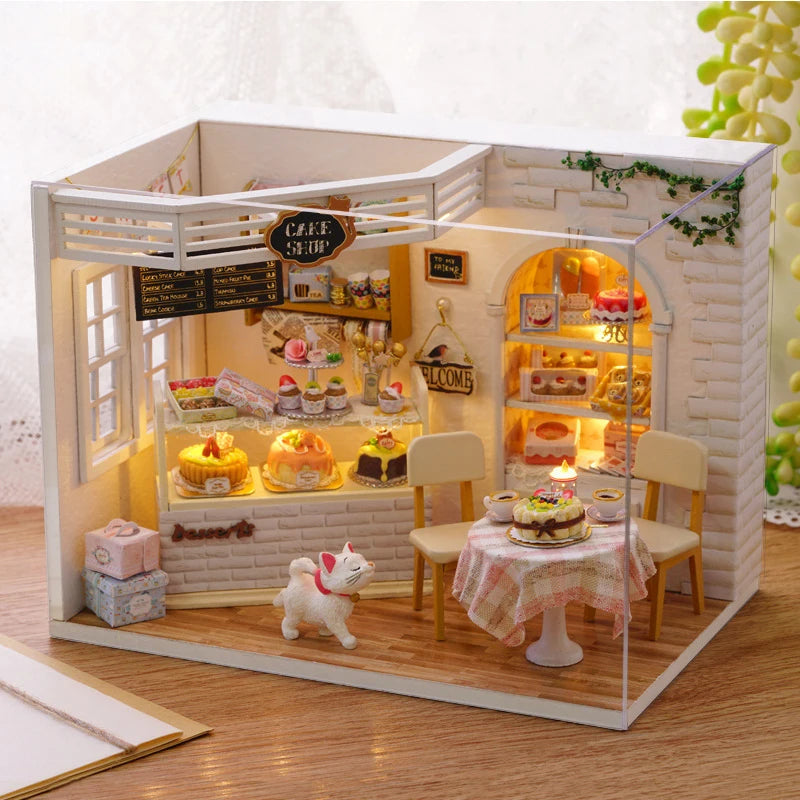Kitten Mini Wooden Doll House Model Building Kits Toy Home Kit Creative Room Bedroom Decoration with Furniture For Birthday Gift ALPENZO