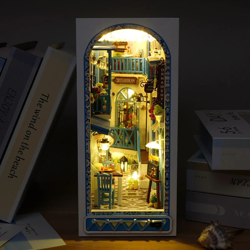 DIY Book Nook Kit Bookend Kit Wooden Doll House Bookshelf Insert Decor With Warm Light 3D Puzzle Assembly Building Model Gifts ALPENZO