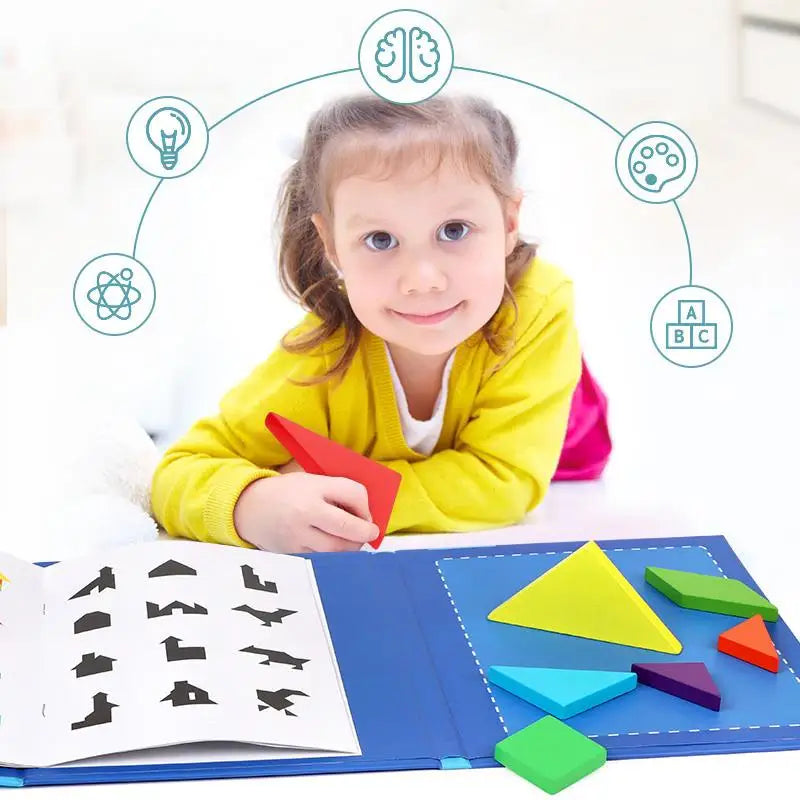 Wooden Jigsaw Magnetic Tangram Puzzle Book Educational Toys For Children Baby Kid Portable Montessori Learning Intelligence ALPENZO