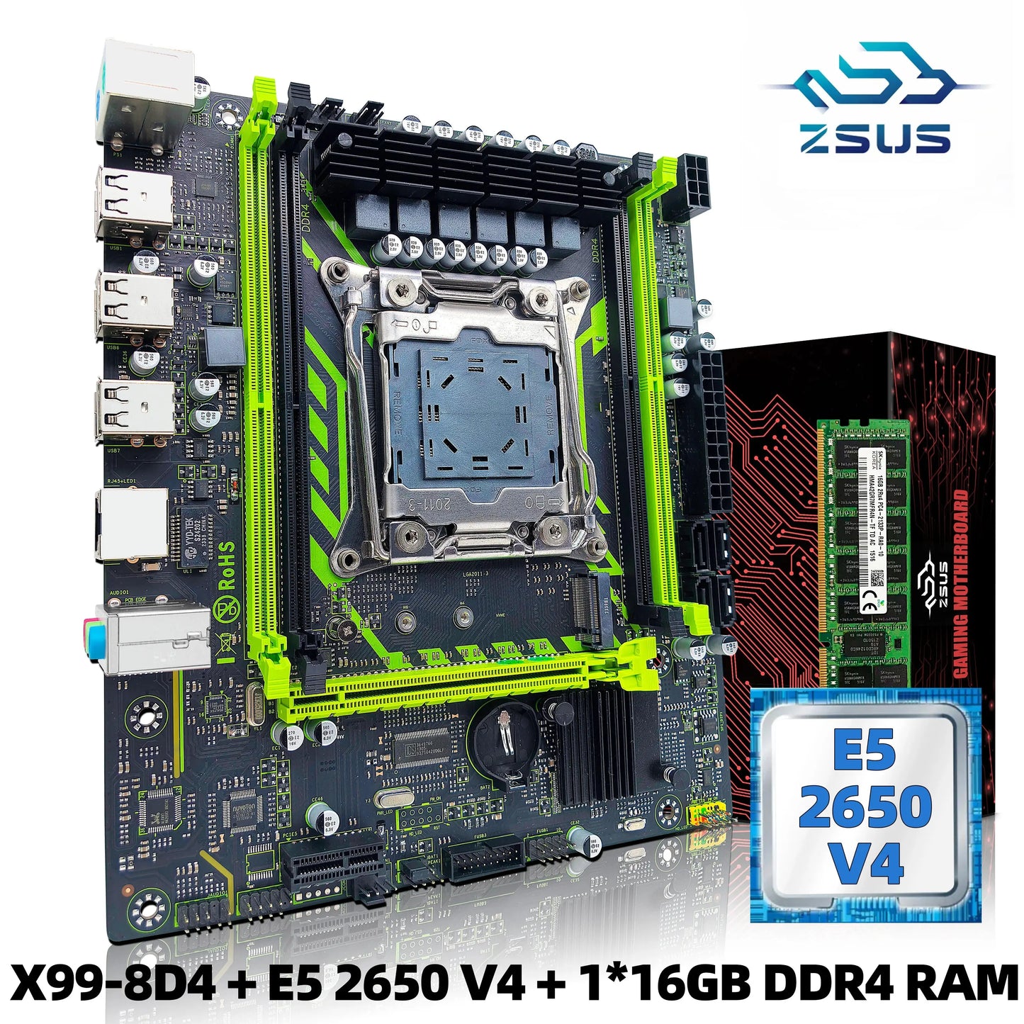 ZSUS X99-8D4 Motherboard Set Kit With LGA2011-3 Xeon E5 2650 V4 CPU DDR4 16GB (1*16GB) 2133MHZ RAM Memory NVME M.2 SATA - ALPENZO