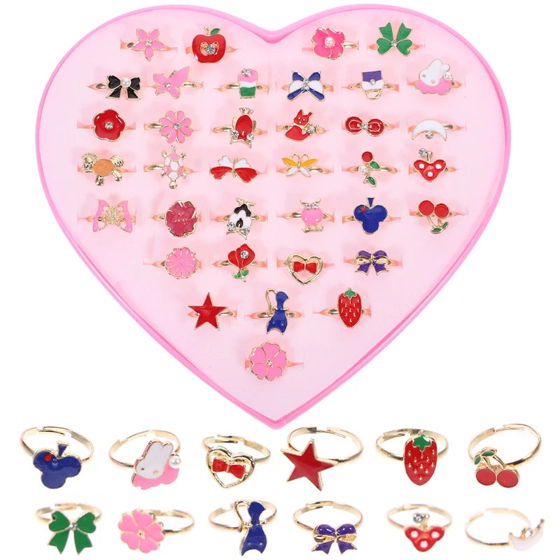 12/36 Pcs Adjustable Alloy Baby Girl Rings with Heart Shaped Box Cartoon Mix Finger Jewellery Rings Kid Girls Toys Random Color ALPENZO
