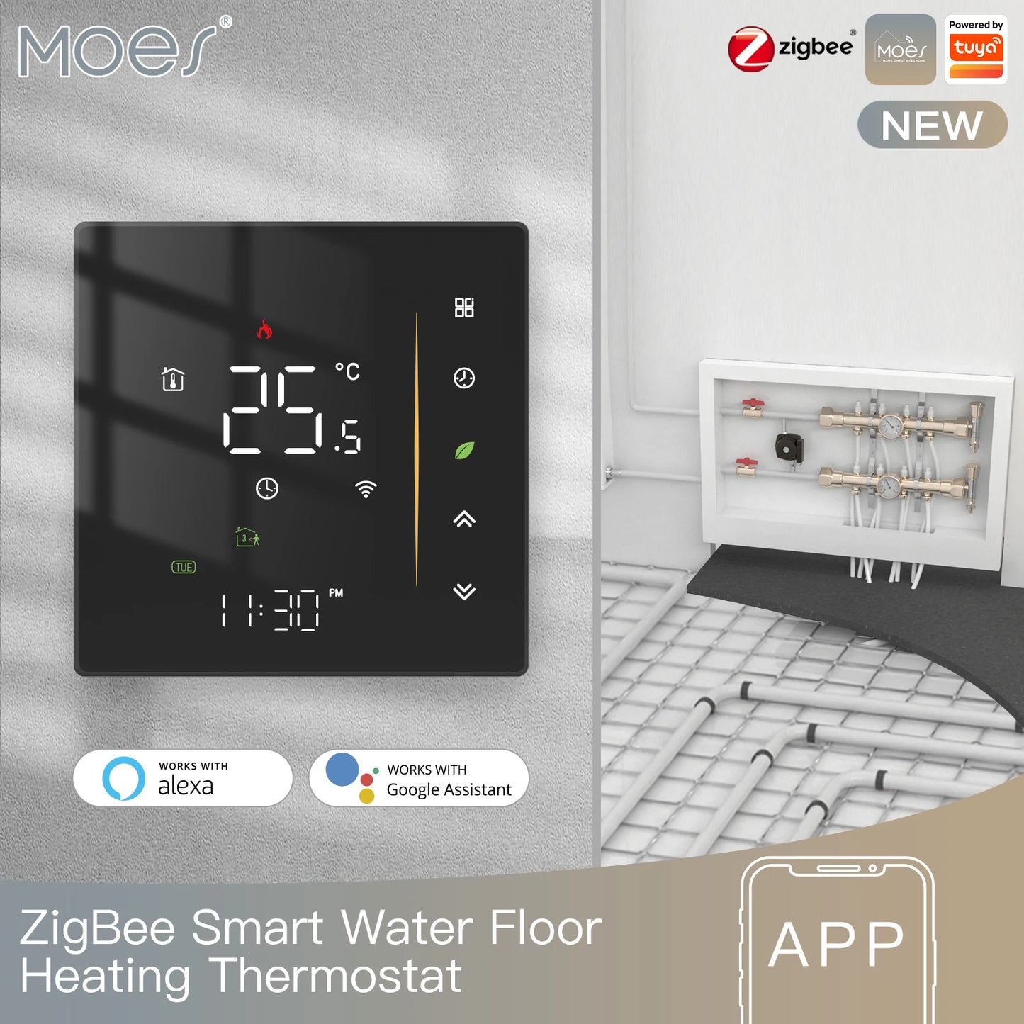 Moes Zigbee Thermostat Room Temperature Controller of Water/Electric Floor Heating Gas Boiler Humidity Tuya Work with Alex 5A16A - ALPENZO