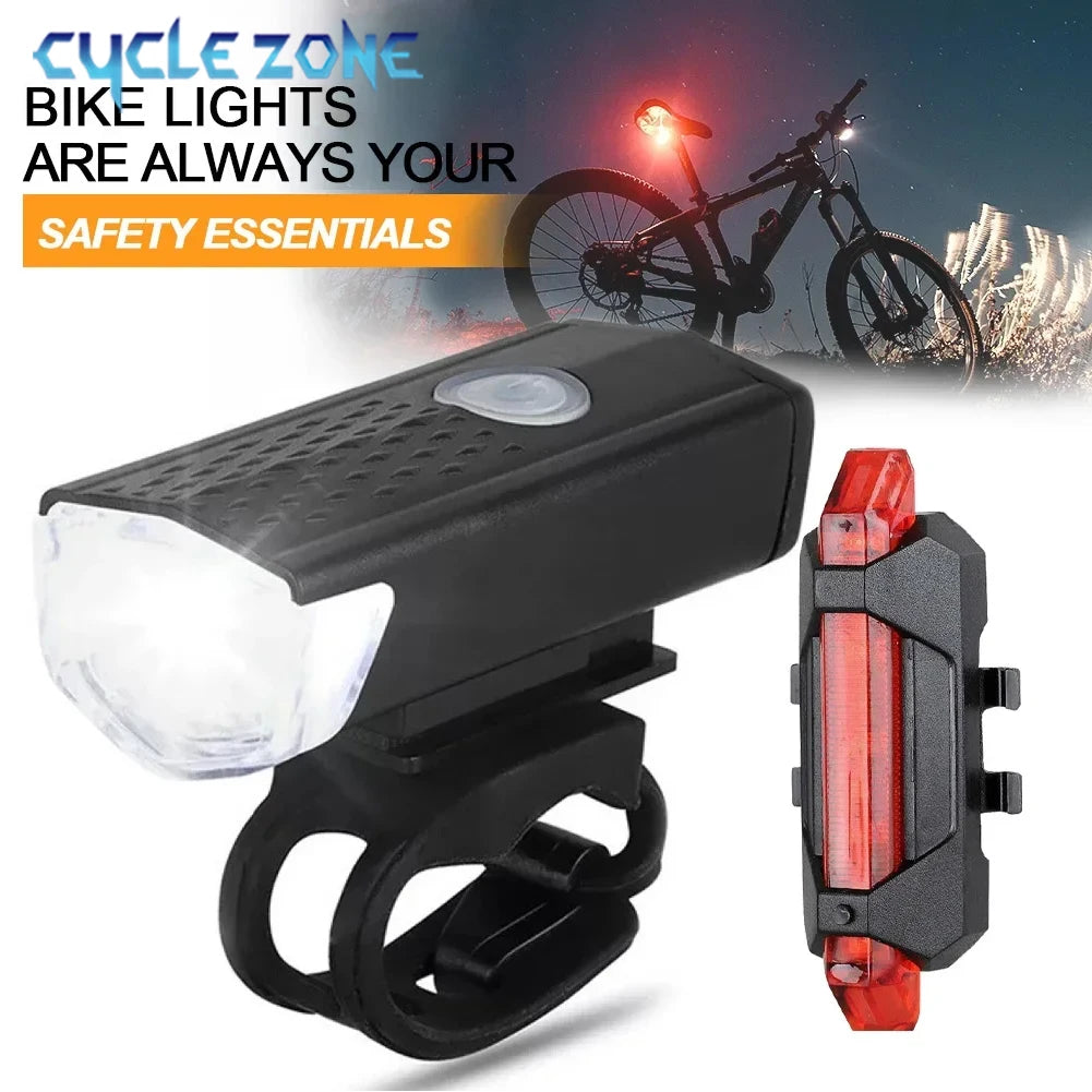 USB Rechargeable Bike Lights Set Bicycle Front Light Rear Lamp Easy to Install 3 Modes Headlight Taillight Cycling Accessories